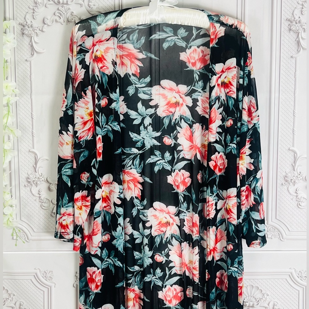 Ultra Flirt black Floral Print Semi-sheer Duster Kimono/cardigan